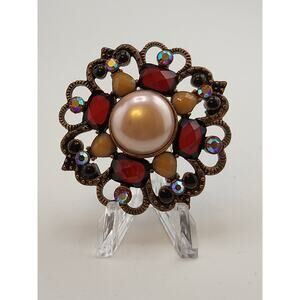 Vintage 1960s Faux Pearl Cabochon Brooch Bronze Tone AB Rhinestone